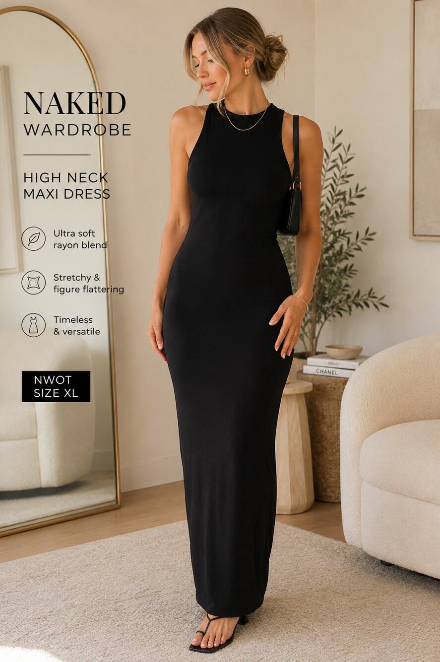 Naked Wardrobe Black High Neck Bodycon Maxi Dress XL NWOT Rayon Stretch NW:D068